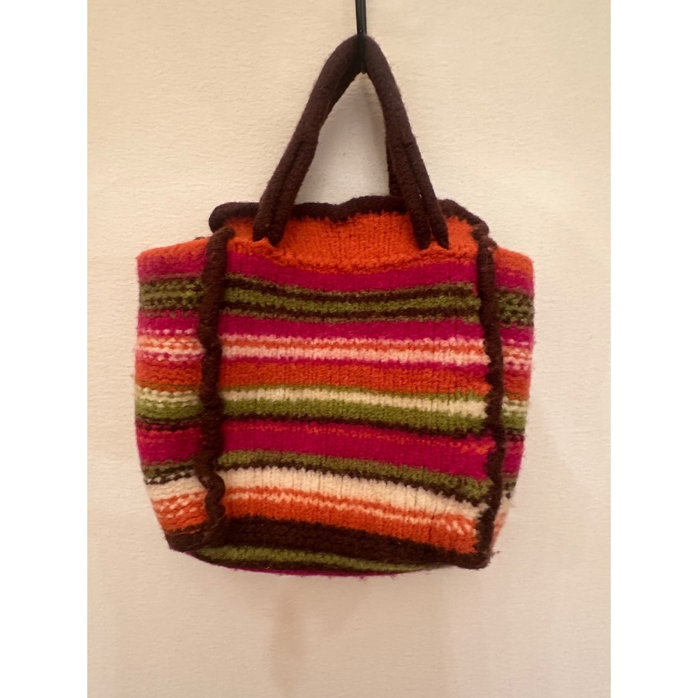 Handmade Knit Striped Tote Bag Orange Pink Green Brown Boho Wool Blend Handbag